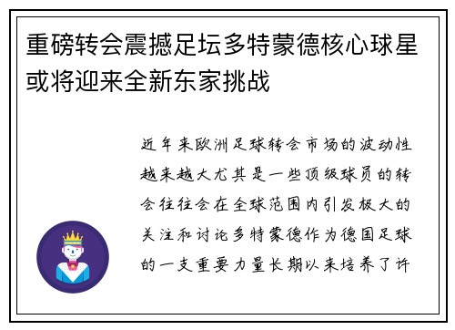 重磅转会震撼足坛多特蒙德核心球星或将迎来全新东家挑战