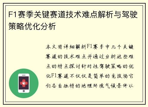 F1赛季关键赛道技术难点解析与驾驶策略优化分析