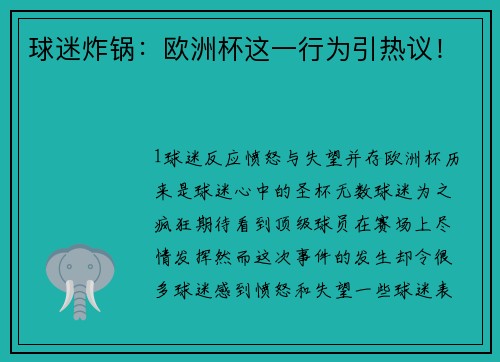 球迷炸锅：欧洲杯这一行为引热议！