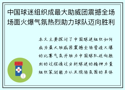 中国球迷组织成最大助威团震撼全场场面火爆气氛热烈助力球队迈向胜利